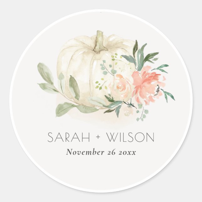 Sticker Rond Elégant Citrouille blanc doux Blush Mariage Floral (Devant)