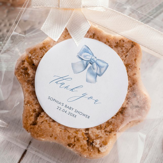 Sticker Rond Élégant Clasic En vichy Baby Blue Bow Merci (Créateur téléchargé)