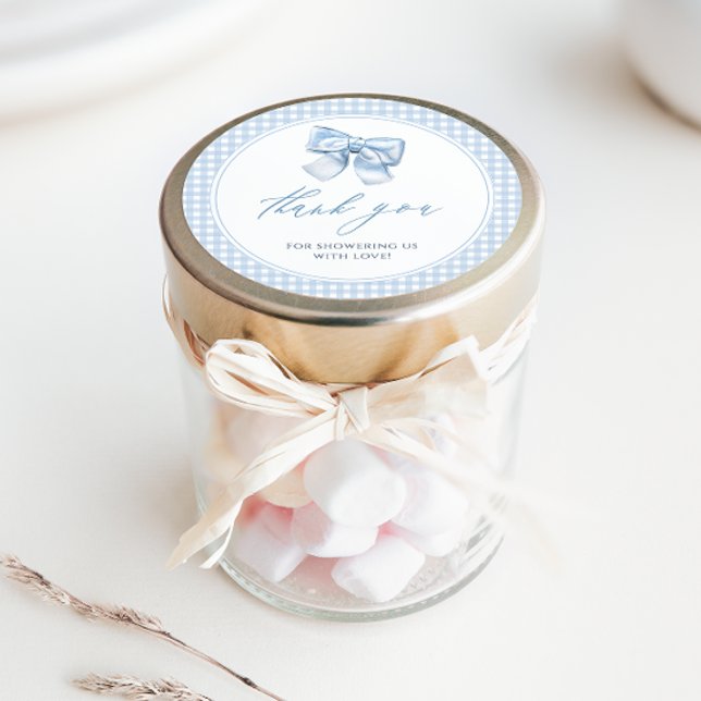 Sticker Rond Élégant Clasic En vichy Blue Bow Baby shower (Créateur téléchargé)