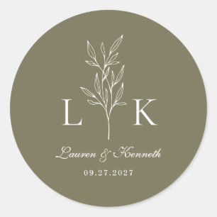 Sticker Rond Élégant Classique Monogramme de Feuille de Mariage