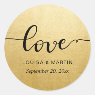 Sticker Rond Élégant Classy Faux Gold Foil Love manuscrit