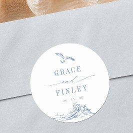 Sticker Rond Elegant Coastal Chic Blue Seaside Wedding