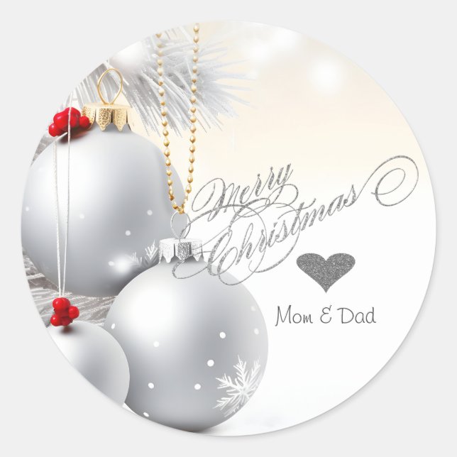 Sticker Rond Élégant Coeur d'Argent Balls Branches de Noël (Devant)