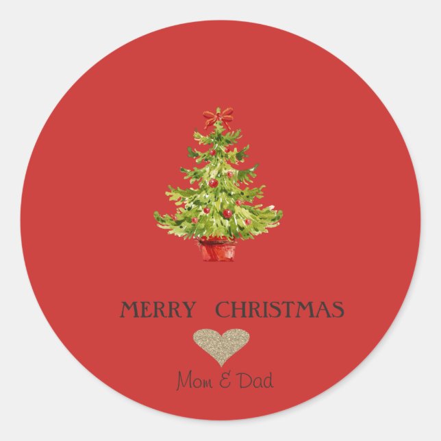 Sticker Rond Elégant Coeur d'or, Aquarelle Arbre de Noël (Devant)