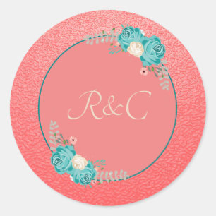 Sticker Rond Elegant Coral Blue Flowers