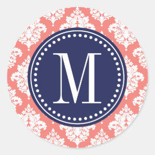 Sticker Rond Elégant Coral Damask Personnalisé