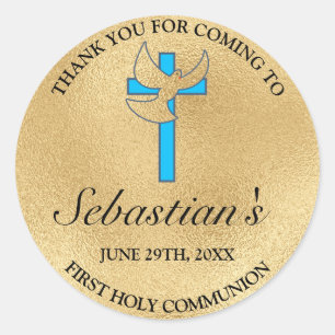Sticker Rond Elégant Croix Bleue Or Premier Merci Communion