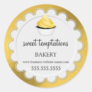 Sticker Rond Elégant Cupcake et Doily Faux Gold Foil