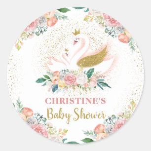 Sticker Rond Elégant cygne or princesse rose Baby shower floral