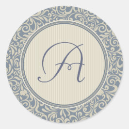 Sticker Rond Élégant Damas bleu et beige avec Monogramme