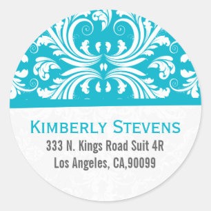Sticker Rond Élégant Damas Floral Bleu & Blanc