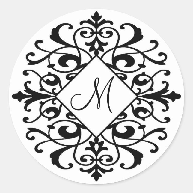 Sticker Rond Élégant Damas noir blanc défilement Monogramme ini (Devant)