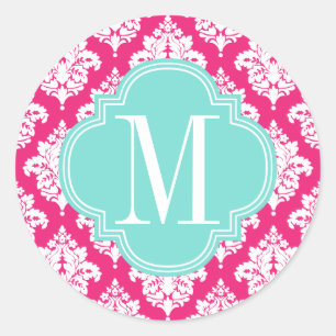 Sticker Rond Élégant Damas rose chaud Personnalisé