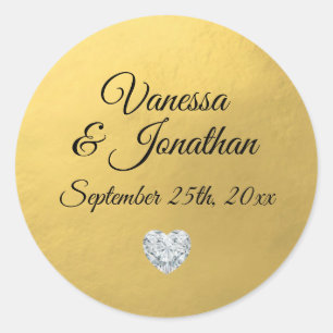 Sticker Rond Elégant Diamond Heart Gold Foil Mariage Seals