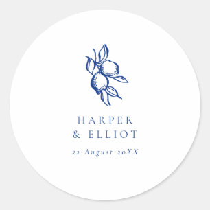 Sticker Rond Élégant Doodle Citrons Bleus Cadeau de Mariage