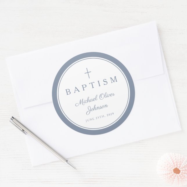 Sticker Rond Elegant Dusty Blue Cross Boy Baptism  (Enveloppe)