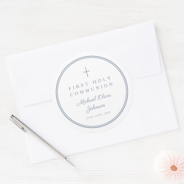 Sticker Rond Elegant Dusty Blue Cross Boy First Holy Communion  (Enveloppe)