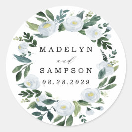 Sticker Rond Elégant Dusty Blue Floral Rustic Garden Mariage
