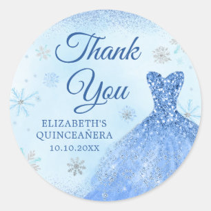 Sticker Rond Elégant Dusty Blue Winter Snowflake Quinceañera