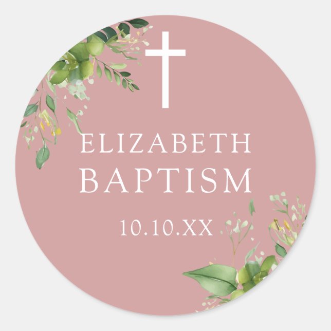 Sticker Rond Elégant Dusty Rose rose verdure Baptême  Favoriser (Devant)
