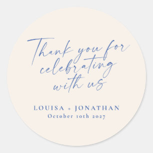 Sticker Rond Elegant Ecru Blue Script tendance Merci personnali