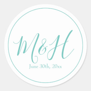 Sticker Rond Élégant et simple Turquoise Mariage Monogramme