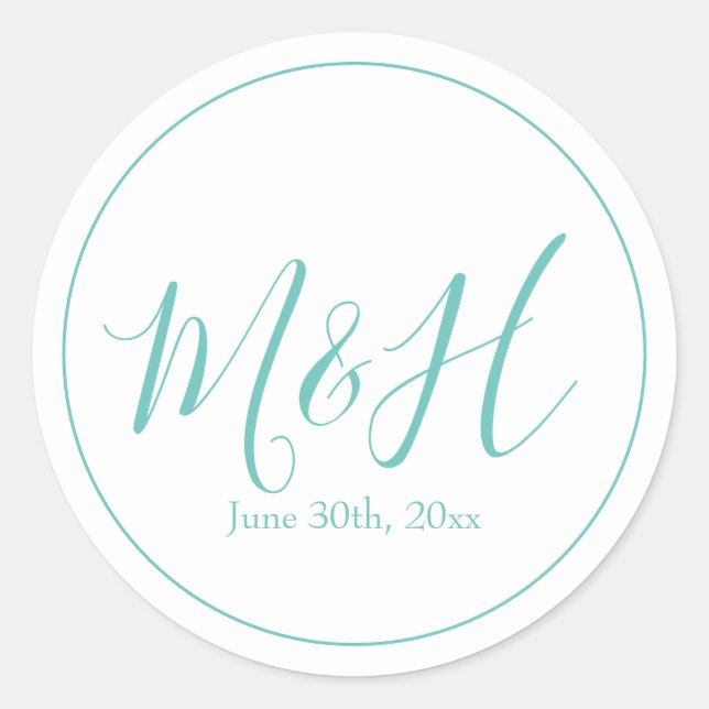 Sticker Rond Élégant et simple Turquoise Mariage Monogramme (Devant)