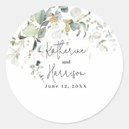 Sticker Rond Elégant Eucalyptus et Gold Greenery Clas Mariage