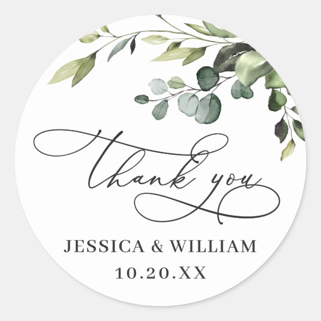 Sticker Rond Elégant Eucalyptus Mariage d'aquarelle Merci (Devant)