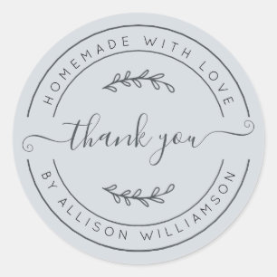 Sticker Rond Élégant Fait Maison Avec Amour Bleu Pastel Merci