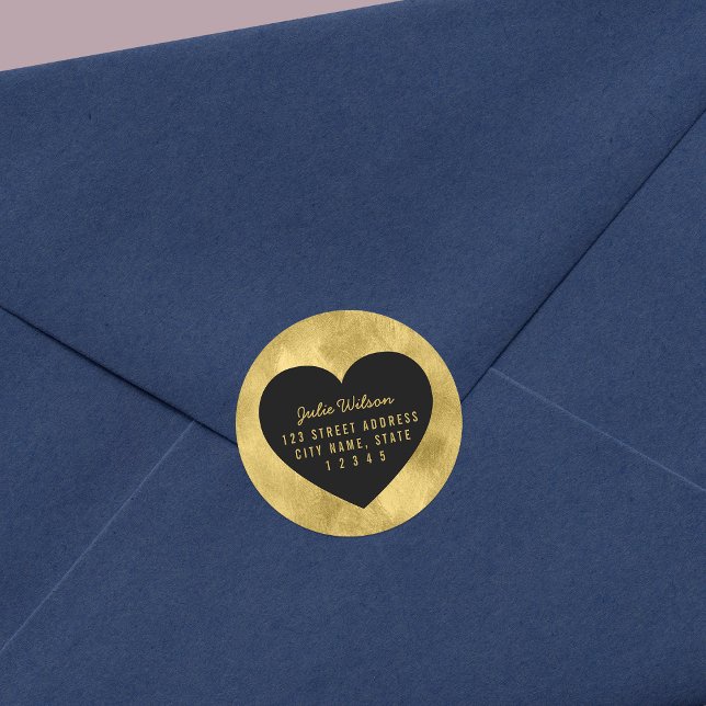 Sticker Rond Elegant Faux Gold et Black Heart Adresse de retour (Créateur téléchargé)
