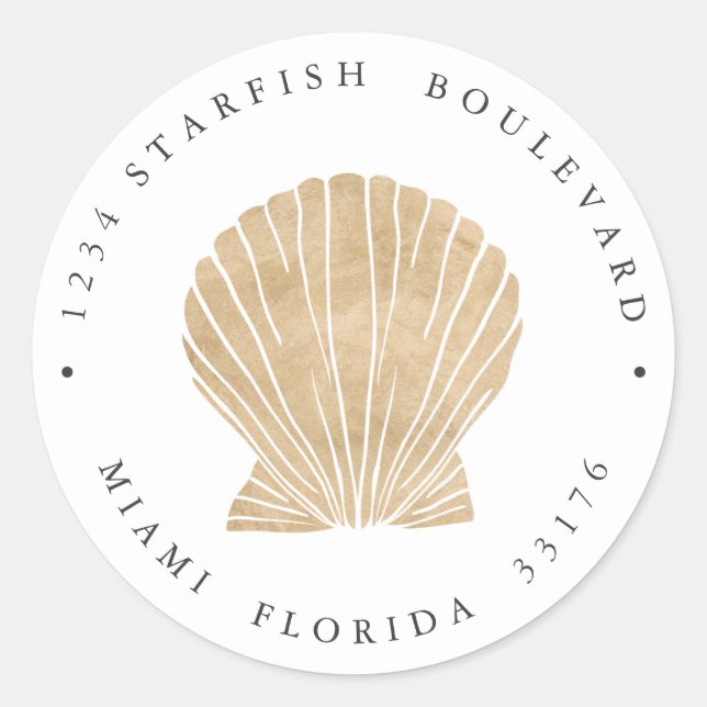 Sticker Rond Elégant FAUX GOLD SEASHELL côtière Adresse de reto (Devant)