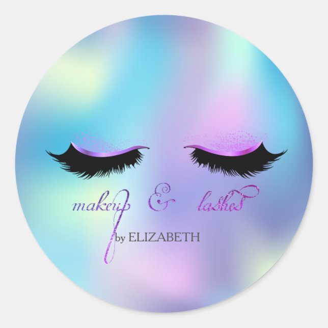 Sticker Rond Elégant Faux Lashes Holographique Bleu (Devant)