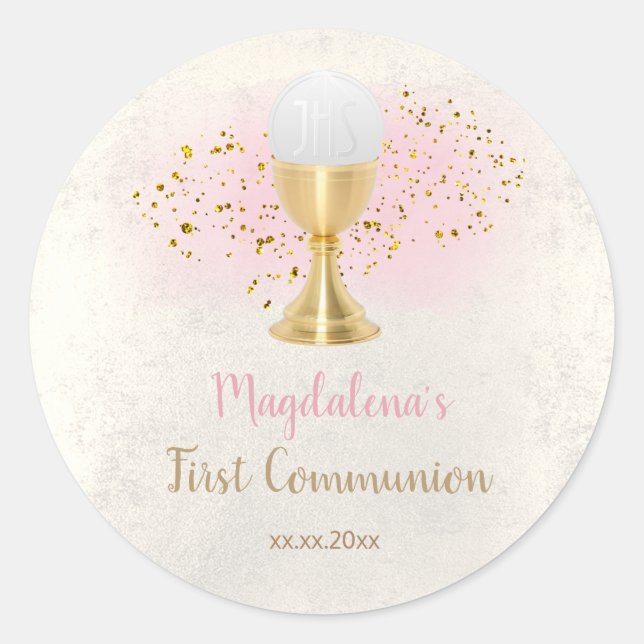 Sticker Rond élégant faux métal Première communion fille (Devant)