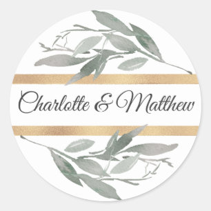 Sticker Rond Élégant Feuille Botanique Sage Mariage Or
