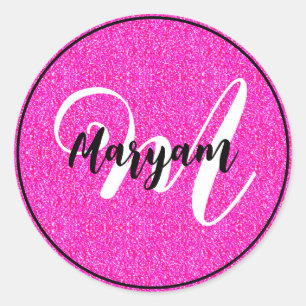 Sticker Rond Élégant & Fille Parties scintillant rose chaud Nom