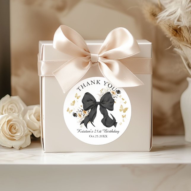 Sticker Rond Élégant Fleur sauvage Merci de la coquette noire (Elegant Black Coquette Bow Thank you stickers)