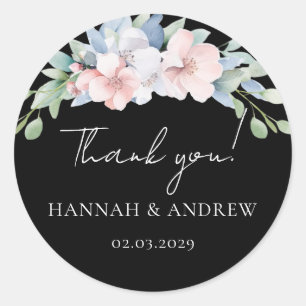 Sticker Rond Élégant Fleurs Roses Bleues Mariage