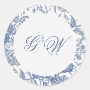 Sticker Rond Élégant floral bleu vintage français Jouy