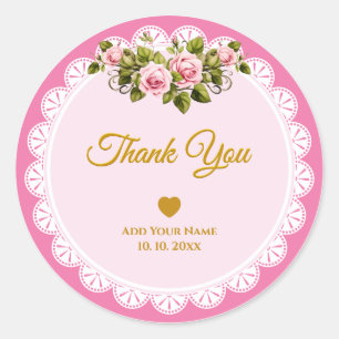 Sticker Rond Élégant floral en dentelle rose "Merci" personnali