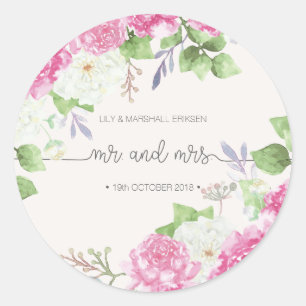 Sticker Rond Élégant Floral Mr & Mrs Mariage   Sceau à coller