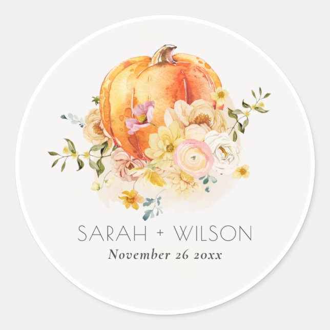 Sticker Rond Élégant Floral Orange Automne Citrouille Mariage (Devant)