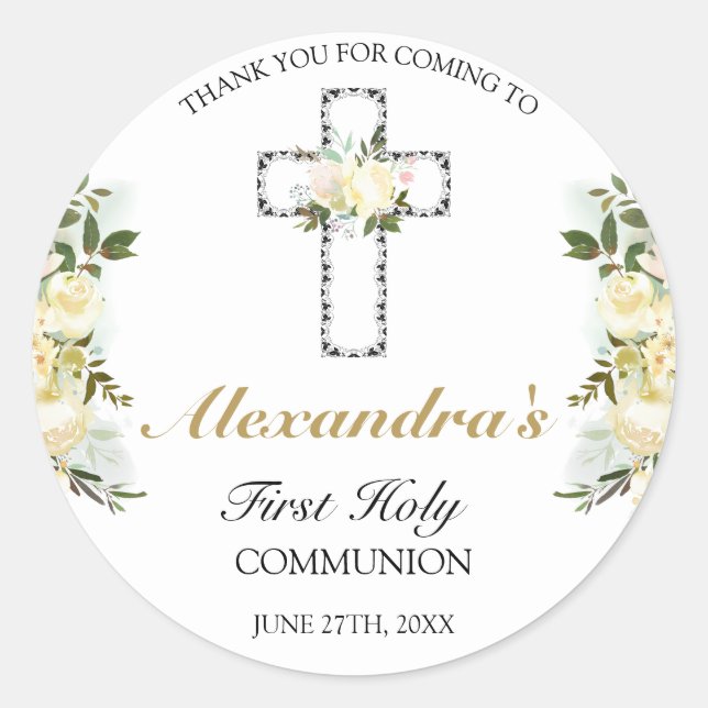 Sticker Rond Élégant Floral Premier Saint Communion Merci (Devant)