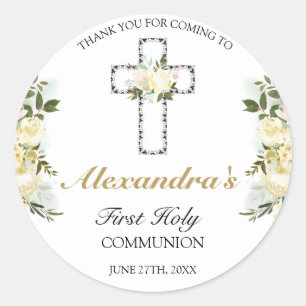 Sticker Rond Élégant Floral Premier Saint Communion Merci