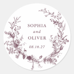 Sticker Rond Élégant Floral Vintage Botanique Bourgogne Mariage