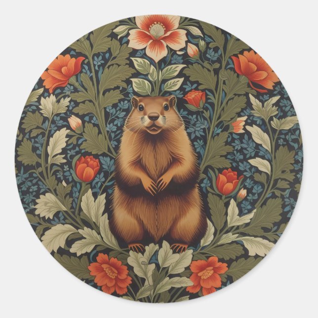 Sticker Rond Elégant fond de terre William Morris inspiré (Devant)