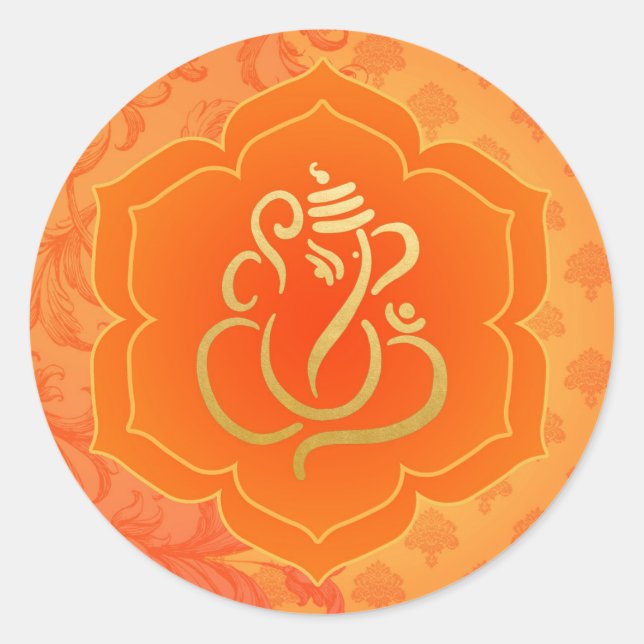 Sticker Rond Elégant Ganesh/ Dieu Indien Orange Doré (Devant)