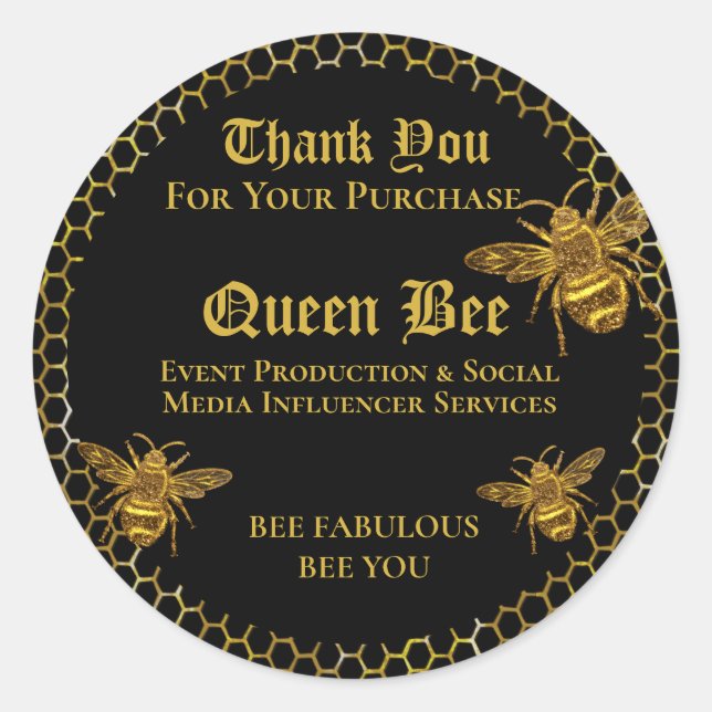 Sticker Rond Élégant glamour noir Reine d'abeille Merci (Devant)