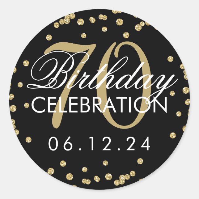 Sticker Rond Elégant Gold Black 70e anniversaire Parties scinti (Devant)