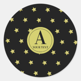 Sticker Rond Elegant Gold & Black Star Pattern Monogram